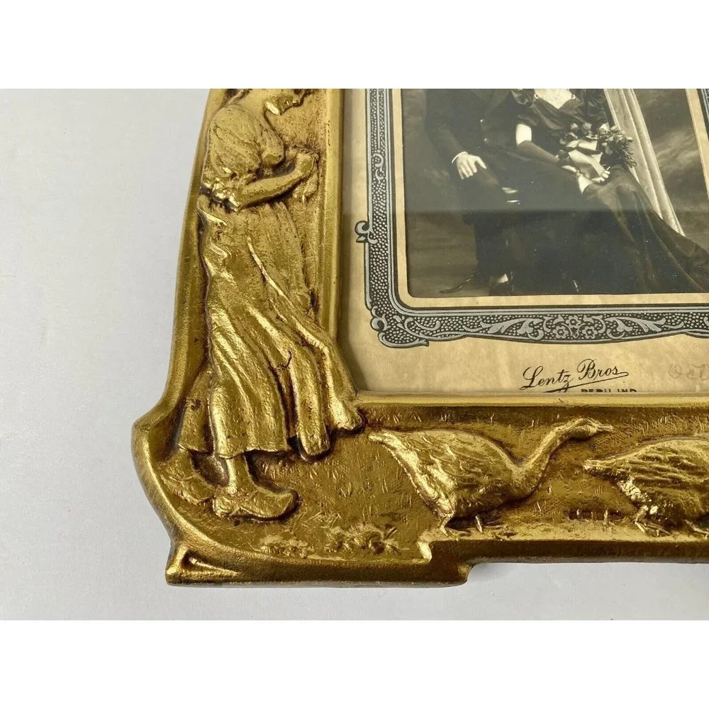 European Style Art Nouveau Brass‎ Metal Frame Vintage Girl Geese Floral Accents
